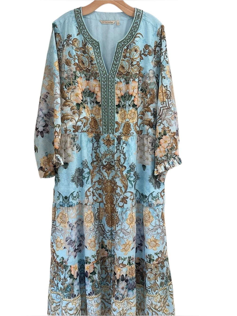 Soft Surroundings Plus Size Blue Floral Baroque Beaded 3/4 Sleeve Maxi Dress 2X